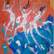 "3 T�nzerinnen", Holzlatten, Draht, Kleister, Papier, Acryl, 100 x 100cm