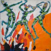 "3 T�nzerinnen II", Holzlatten, Draht, Papier, Kleister, Acryl, 65 x 65 cm