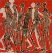 "Passanten", Holzlatten, Draht, Kleister, Papier, Acryl, 50 x50cm